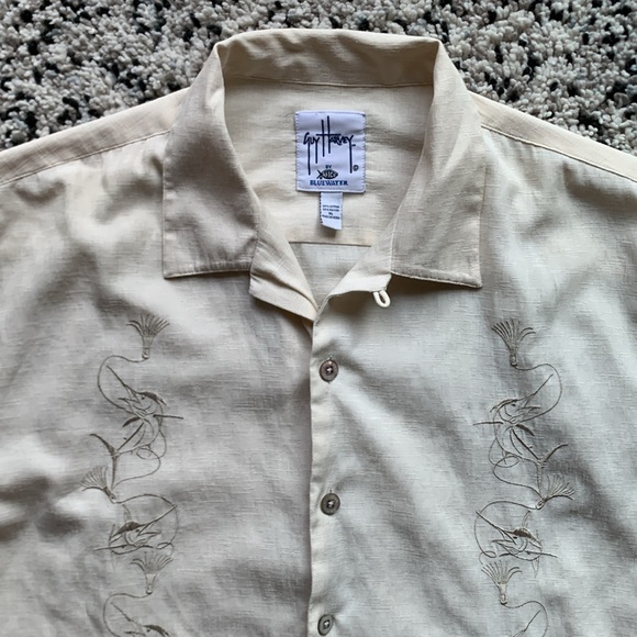 AFTCO Bluewater x Guy Harvey Marlin Embroidered Button Down Shirt Cream Size XL - Picture 5 of 13